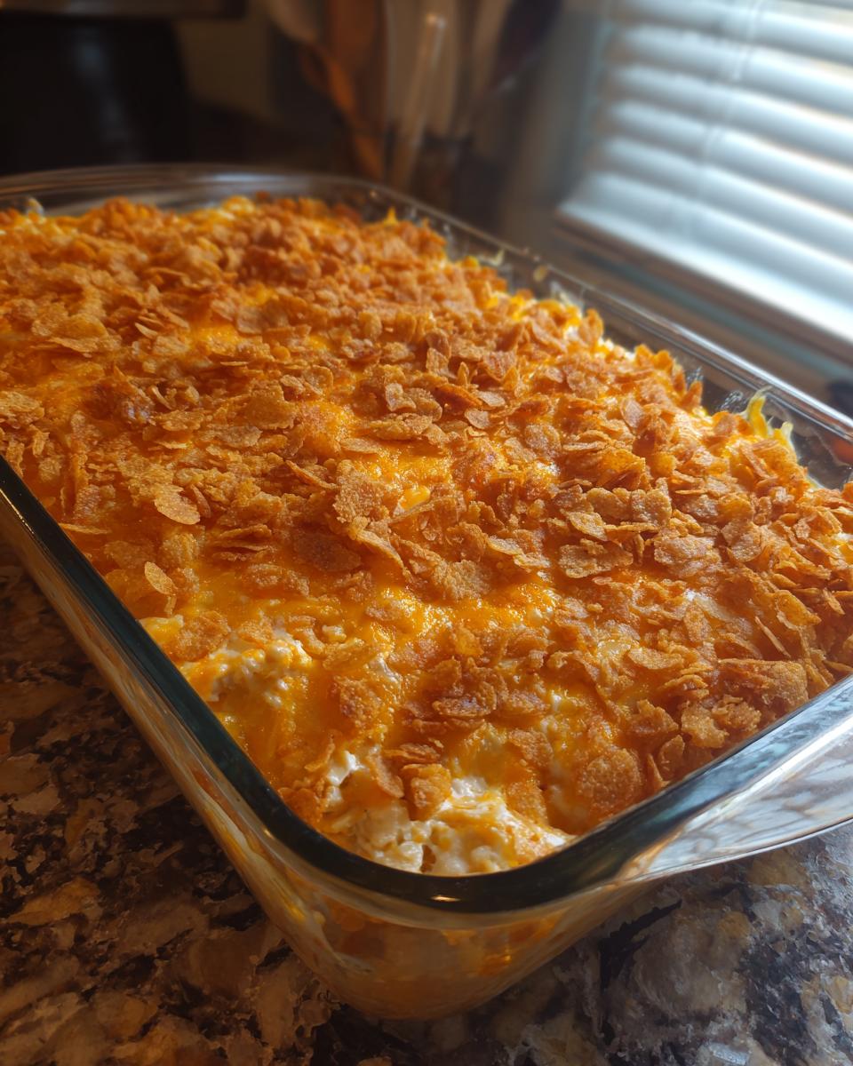 Close-up of a freshly baked chicken hashbrown casserole topped with melted cheese and crunchy cereal.