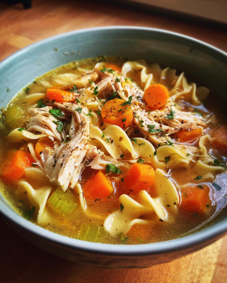 A close-up of a steaming bowl of chicken noodle soup, featuring shredded chicken, wide egg noodles, carrots, and celery.
