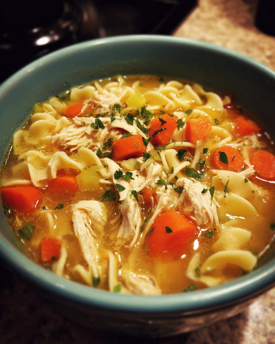 A close-up of a steaming bowl of chicken noodle soup, featuring shredded chicken, wide noodles, carrots, and parsley.