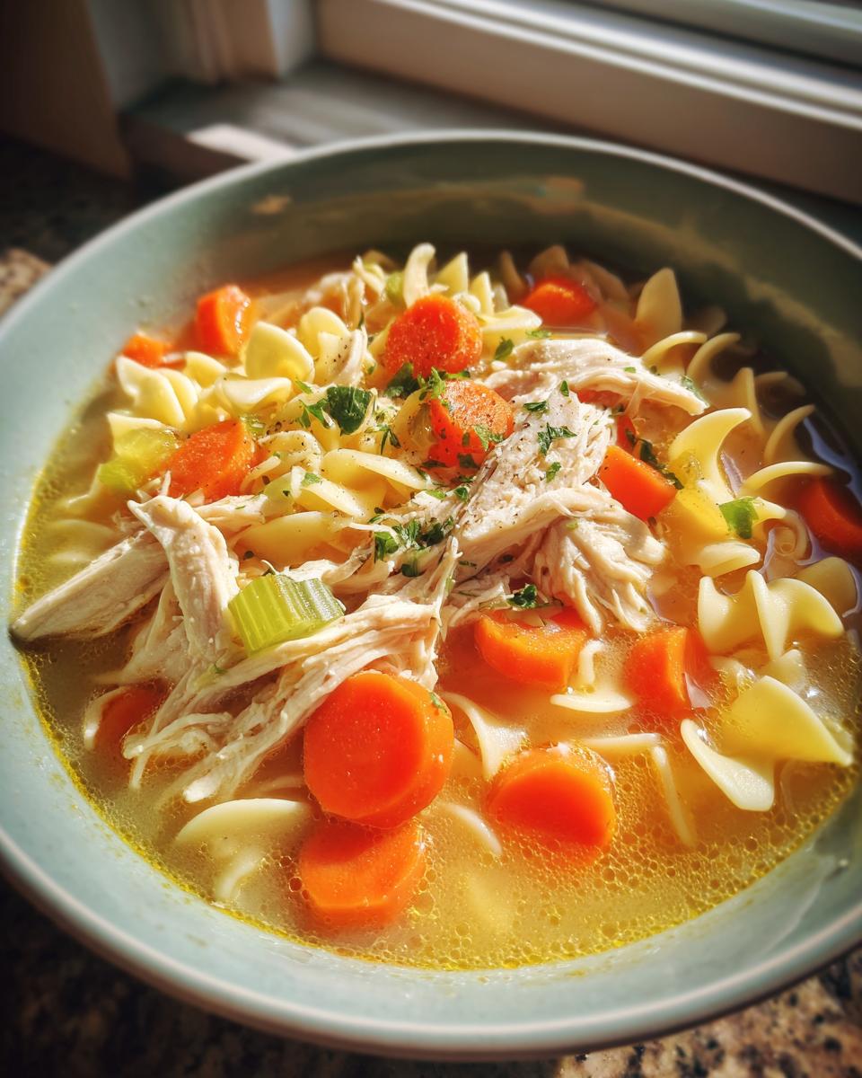 A close-up bowl of homemade chicken noodle soup with shredded chicken, carrots, celery, and egg noodles.