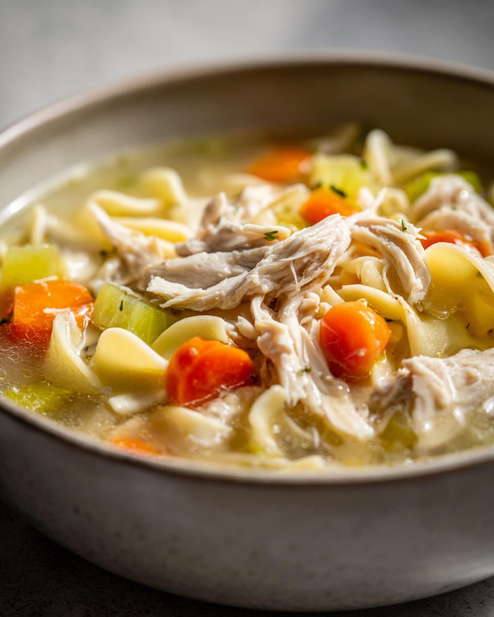 Close-up of a steaming bowl of chicken noodle soup with shredded chicken, noodles, carrots, and celery.