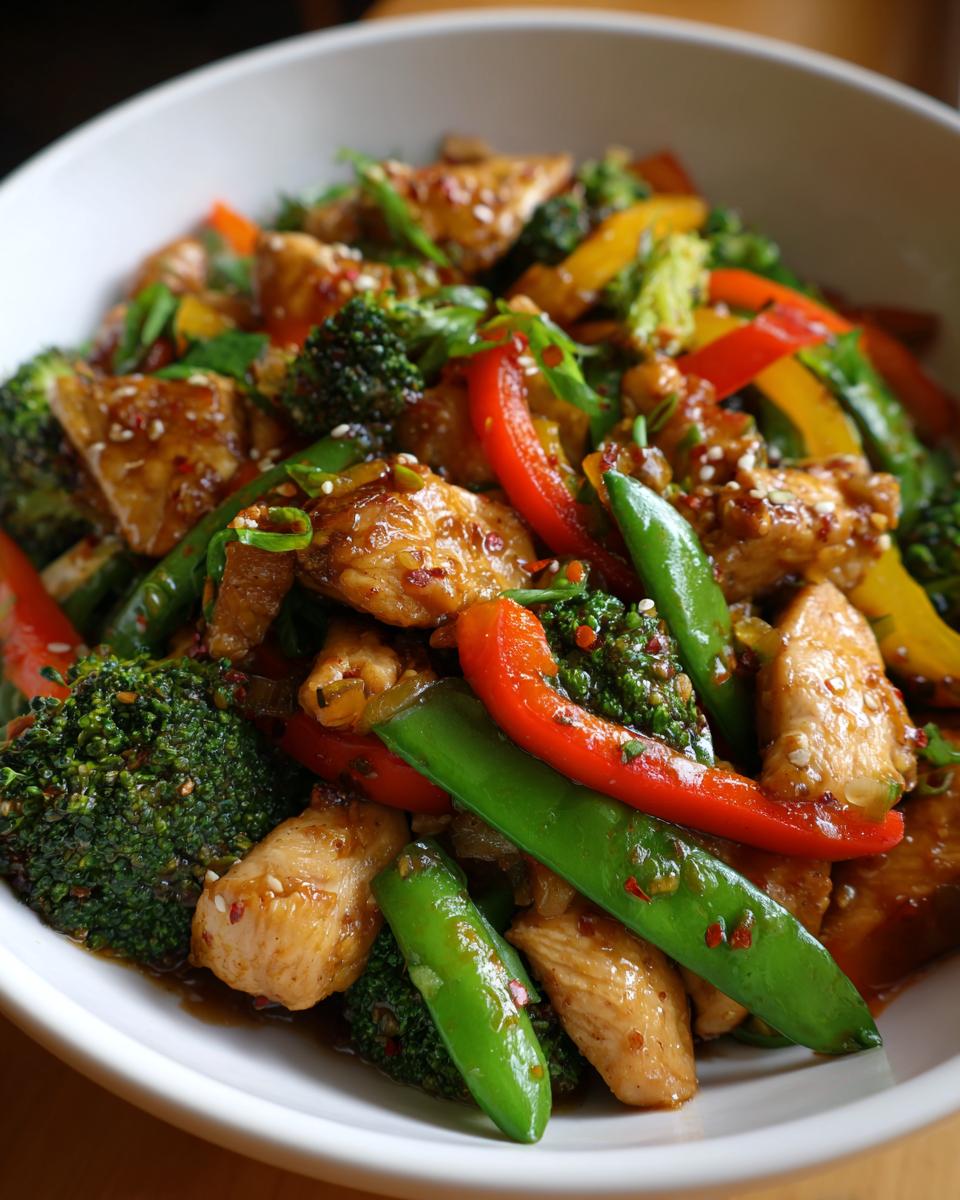 A close-up of a white bowl filled with vibrant chicken stir fry with vegetables like broccoli, bell peppers, and snap peas.