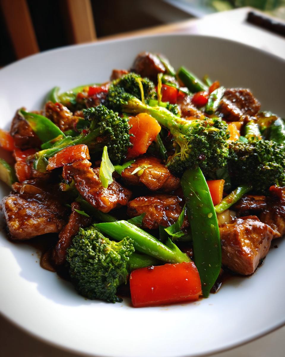 Close-up of a delicious chicken stir fry with vegetables including broccoli, snap peas, and red peppers in a savory sauce.