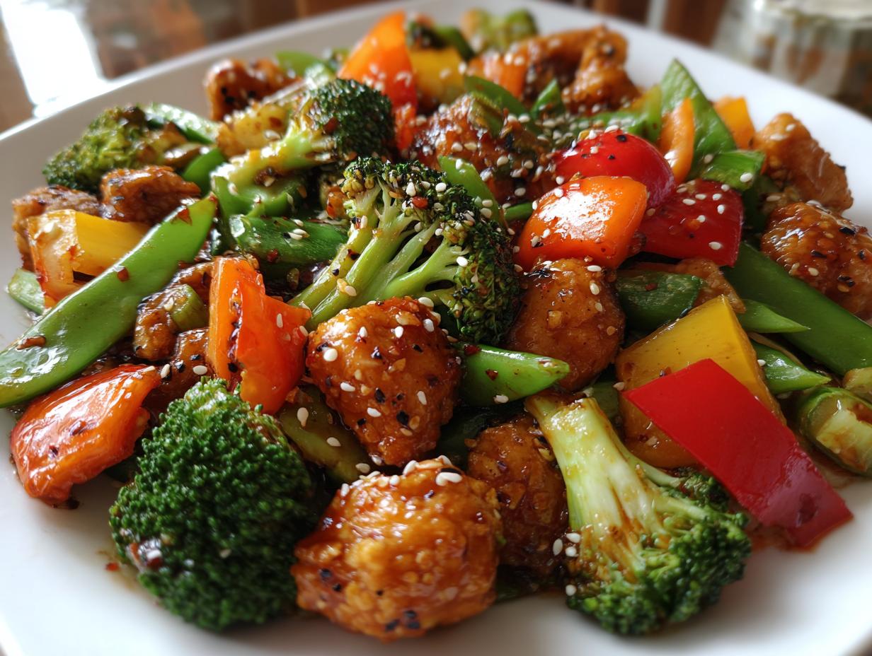 A vibrant plate of chicken stir fry with vegetables, including broccoli, bell peppers, and snap peas, coated in a glossy sauce and sprinkled with sesame seeds.