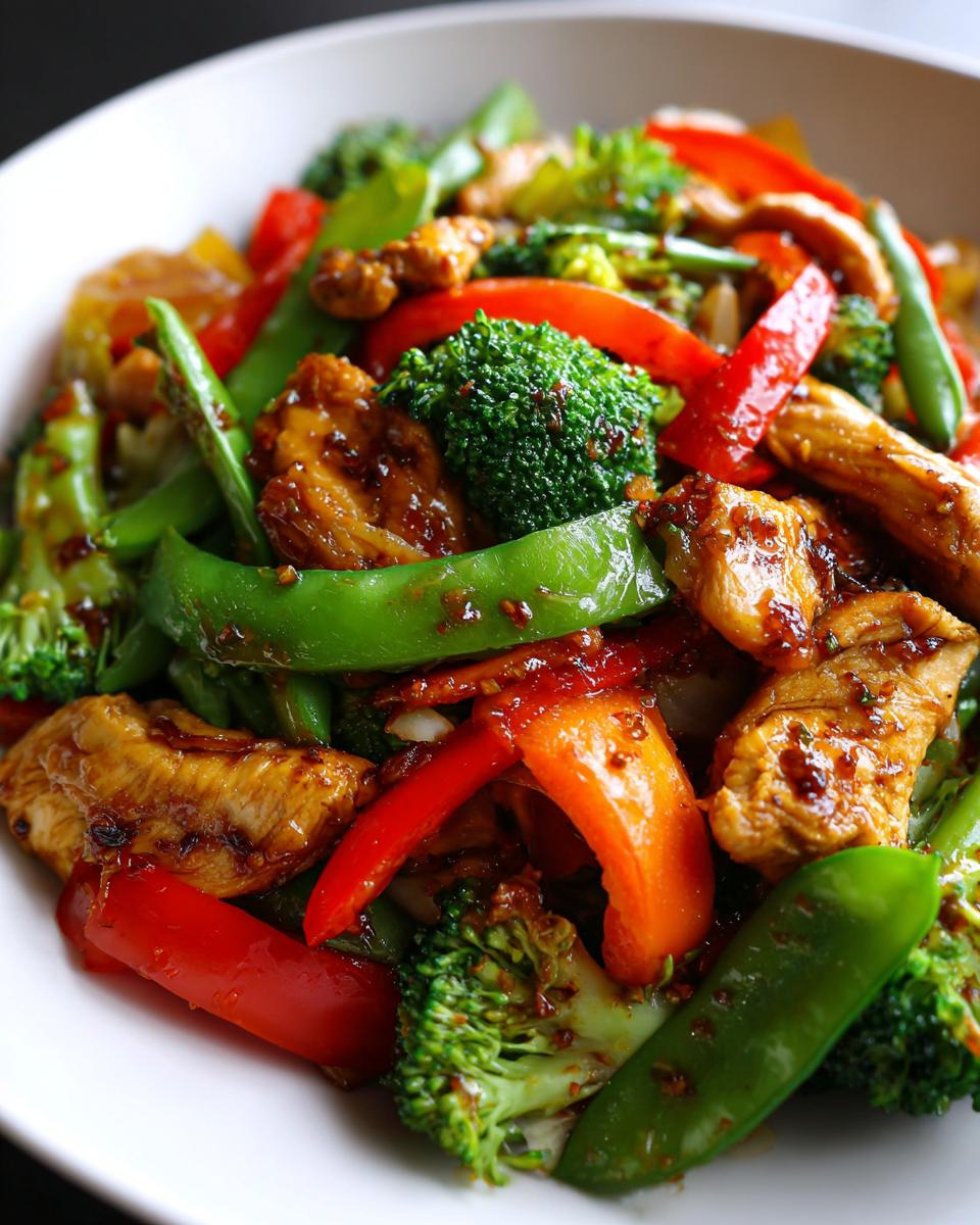 A close-up shot of a vibrant chicken stir fry with vegetables including broccoli, snap peas, and bell peppers.