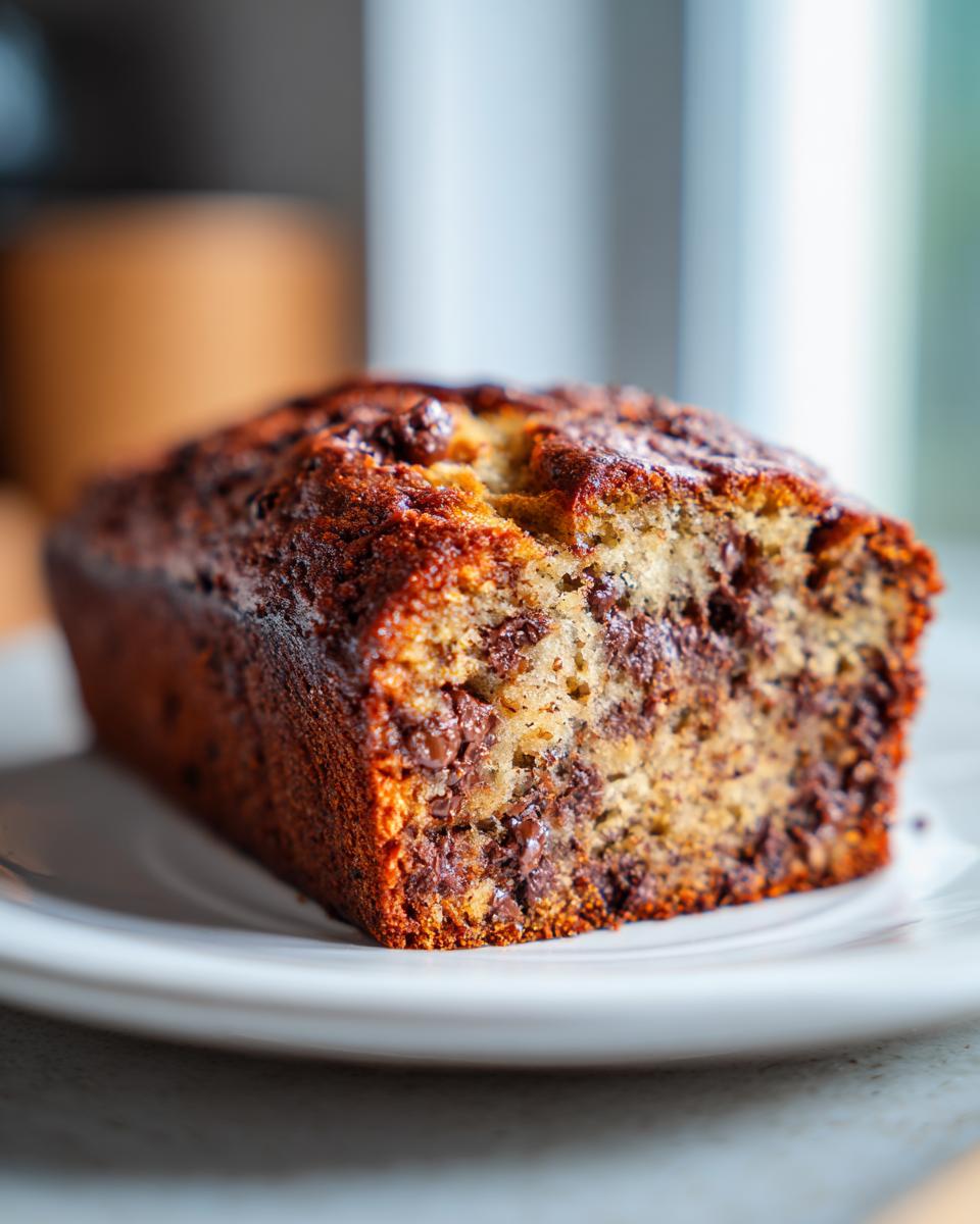 A close-up of a delicious chocolate chip banana bread loaf, showing the moist texture and melted chocolate chips.