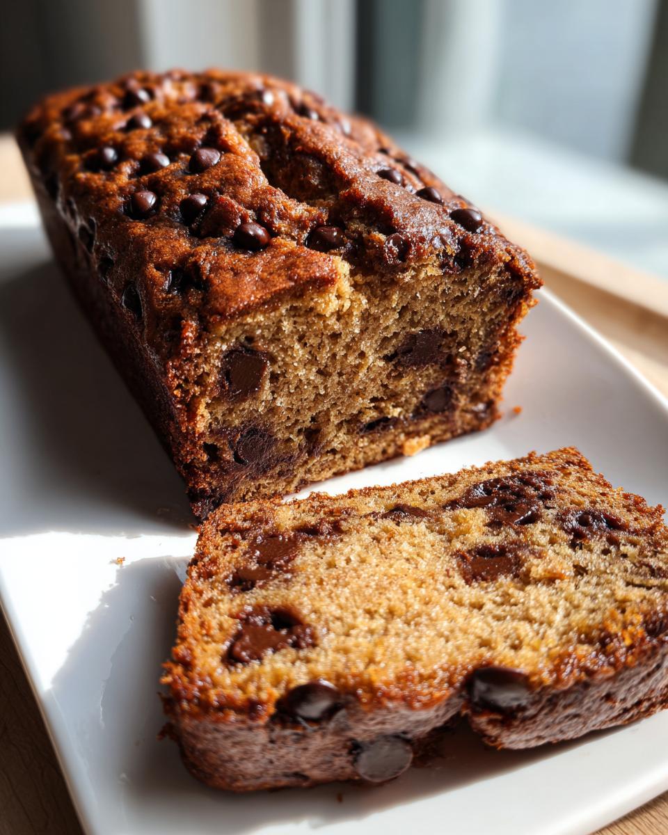 A close-up of a freshly baked chocolate chip banana bread loaf with a slice cut, showing abundant chocolate chips.