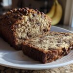 A close-up of a sliced chocolate chip banana bread loaf on a white plate, with chocolate chips visible throughout.