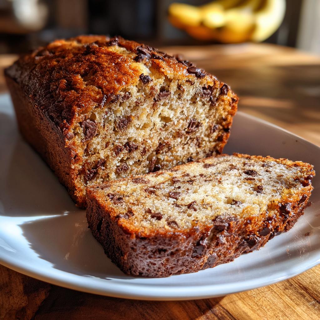 A close-up of a slice of moist chocolate chip banana bread on a white plate, with the loaf in the background.