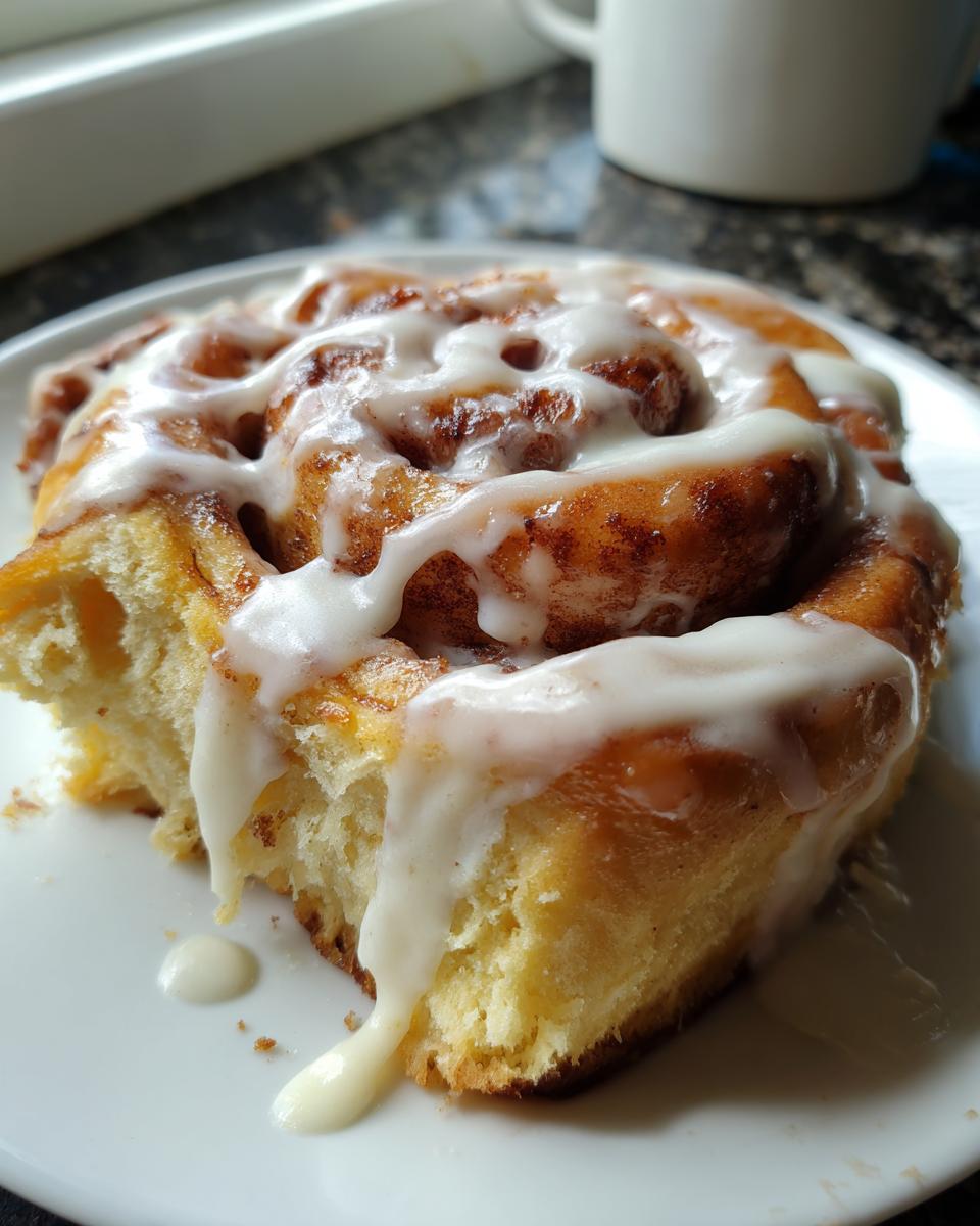 A close-up of a fluffy cinnamon roll generously topped with creamy cream cheese glaze.