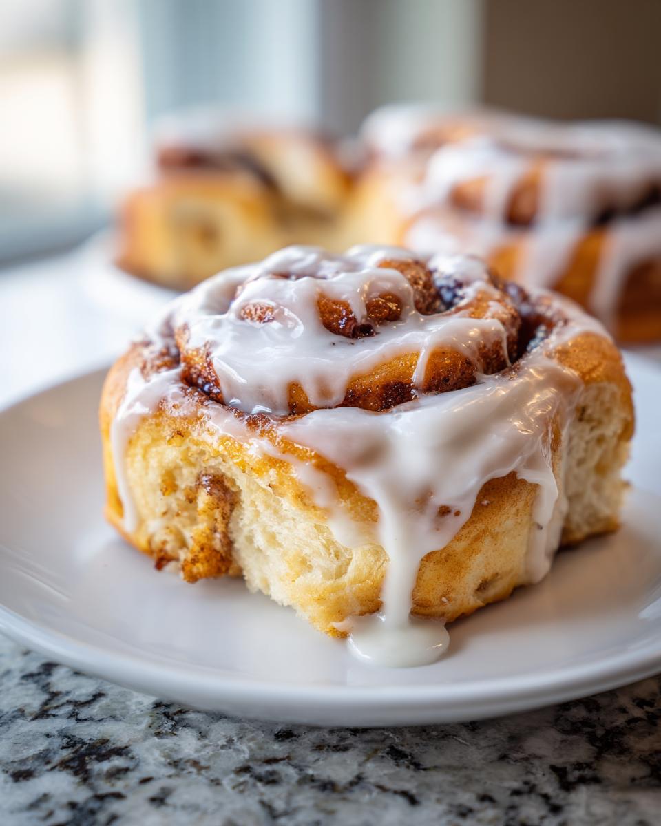Close-up of a fluffy cinnamon roll topped with a generous amount of cream cheese glaze.