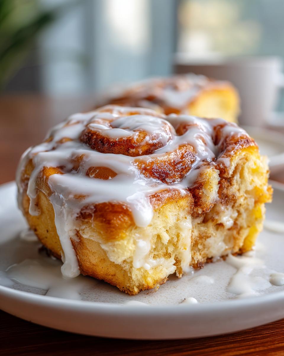 Close-up of a fluffy cinnamon roll topped with a generous amount of cream cheese glaze.