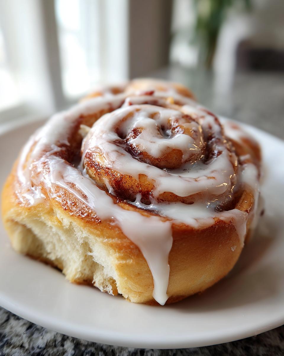 Close-up of a fluffy cinnamon roll topped with a generous amount of cream cheese glaze.