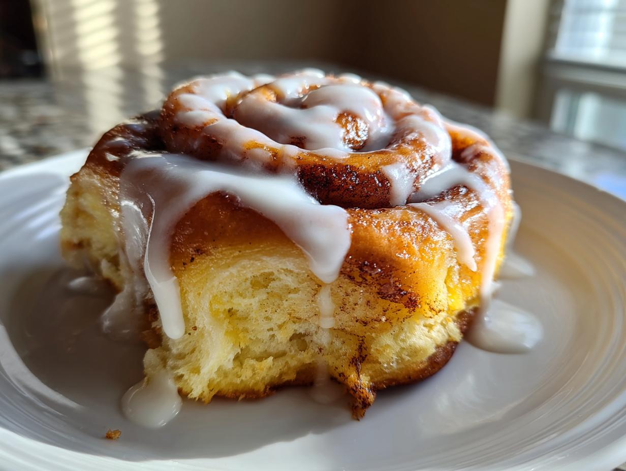 A single, fluffy cinnamon roll generously topped with creamy cream cheese glaze, on a white plate.