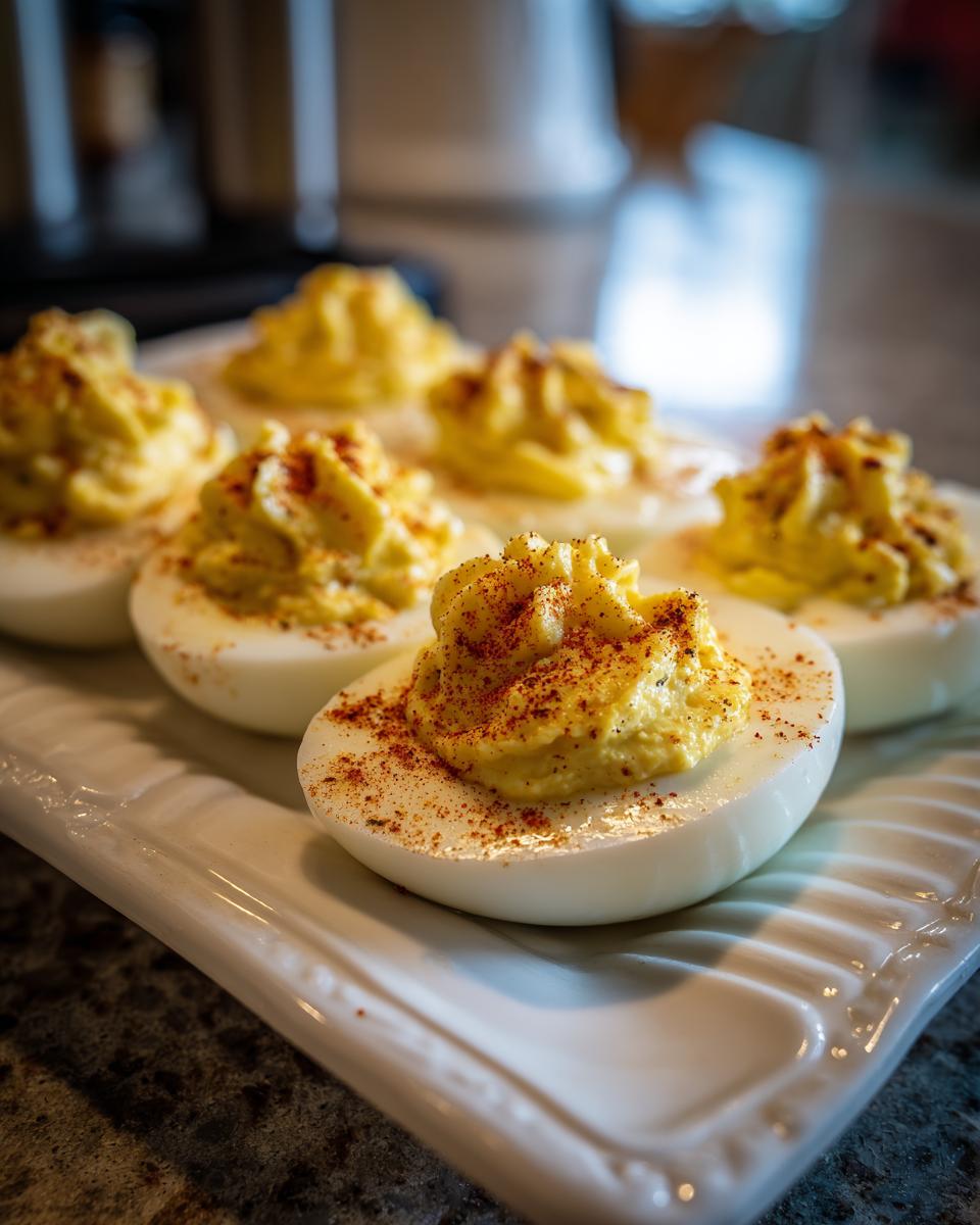 A platter of classic deviled eggs, piped with creamy filling and sprinkled with paprika.