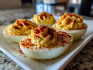 Four classic deviled eggs on a white plate, topped with creamy yolk filling and sprinkled with paprika.