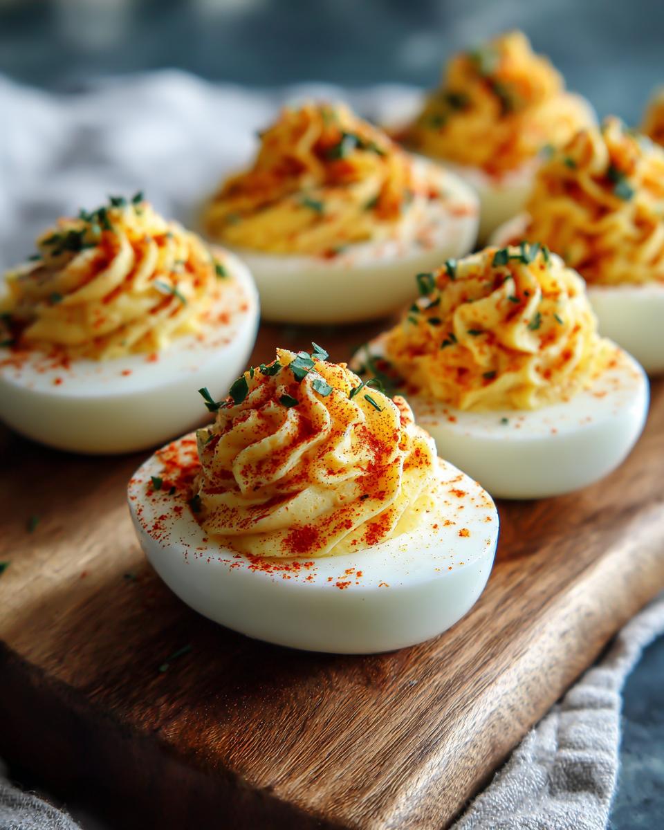 A close-up of classic deviled eggs, piped with creamy filling and sprinkled with paprika and fresh chives.