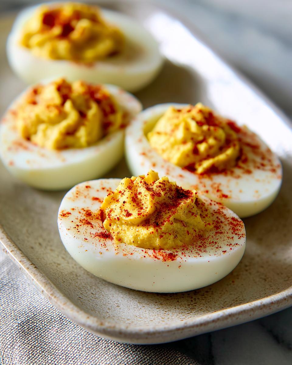 Close-up of four classic deviled eggs on a textured plate, sprinkled with paprika.