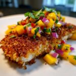 Close-up of crispy coconut crusted fish topped with a vibrant mango salsa, featuring diced mango, red onion, and cilantro.