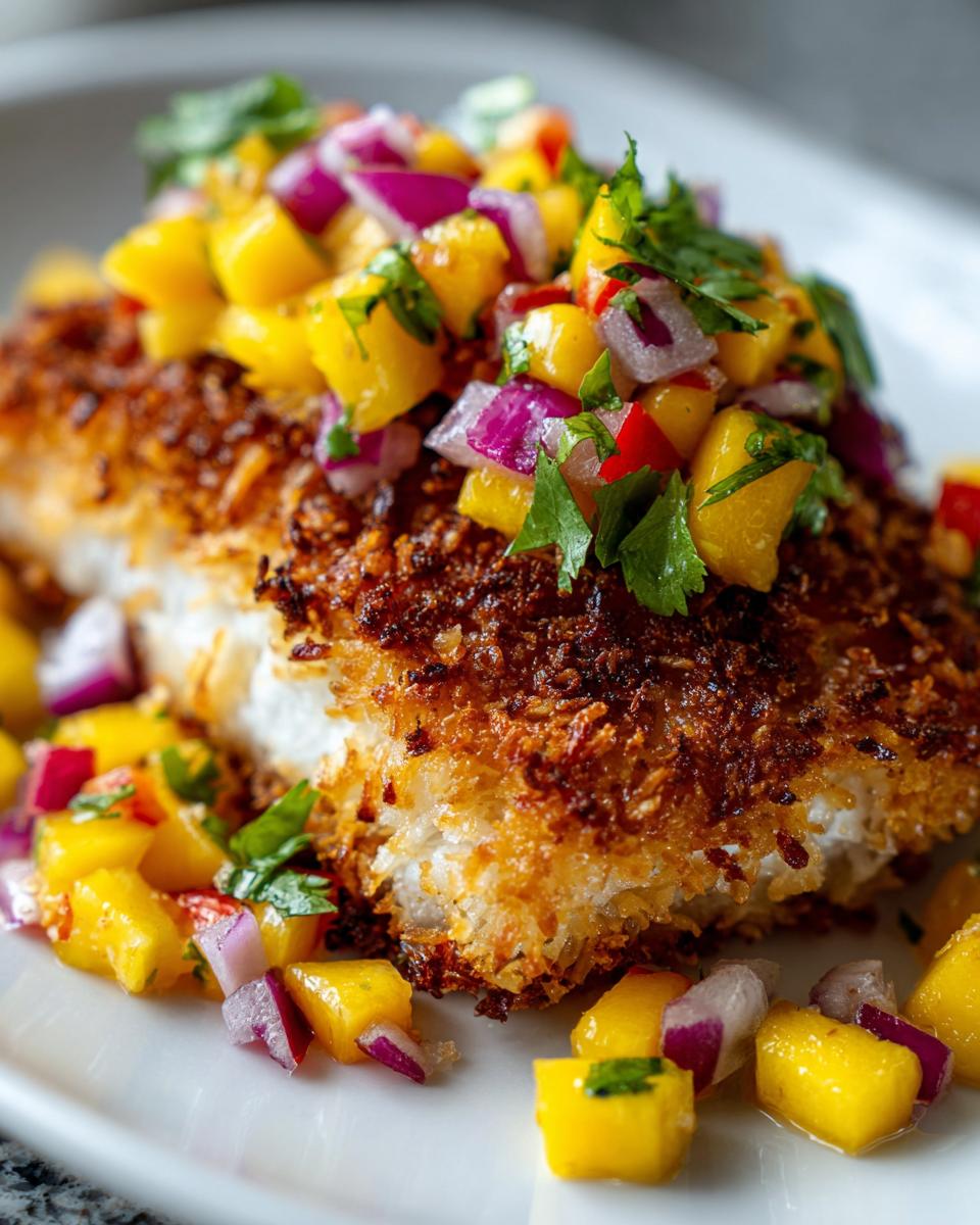Close-up of crispy coconut crusted fish topped with fresh mango salsa, red onion, and cilantro.