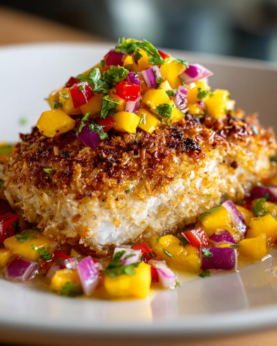 A close-up of crispy coconut crusted fish topped with a vibrant mango salsa, featuring diced mango, red onion, and cilantro.