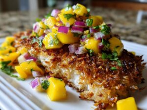 A close-up of a piece of crispy coconut crusted fish topped with fresh mango salsa and red onion.