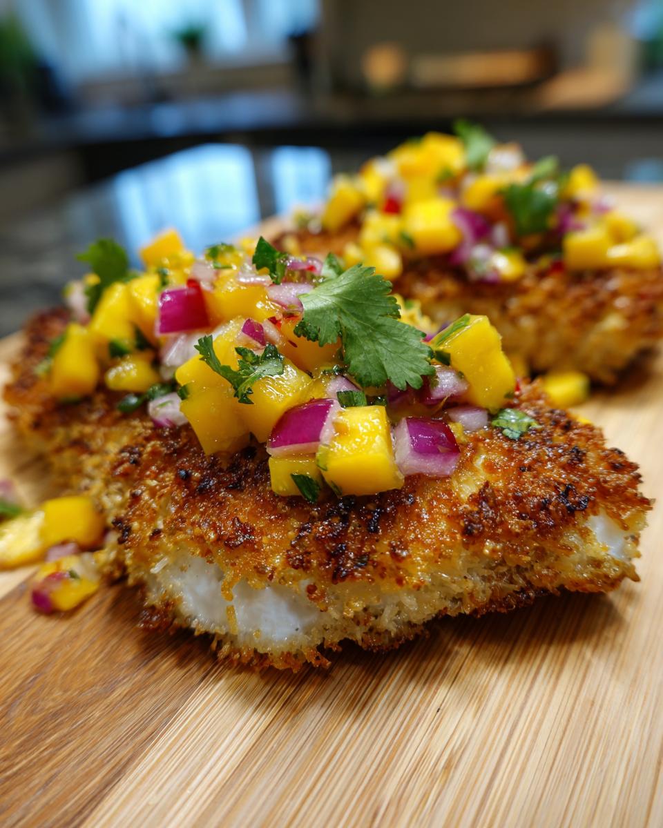 Close-up of crispy coconut crusted fish topped with a vibrant mango salsa and fresh cilantro.