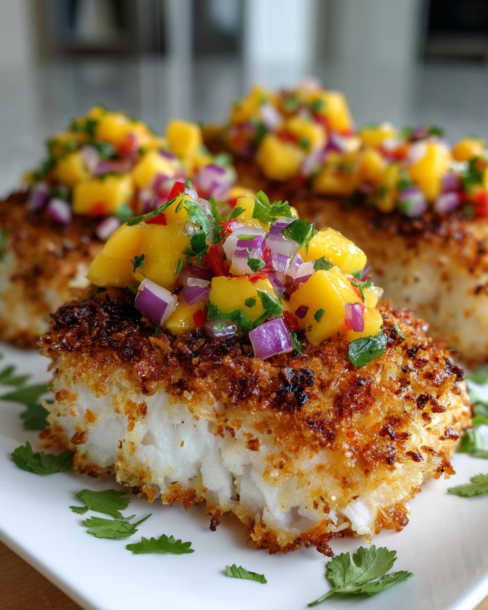 Close-up of a flaky coconut crusted fish fillet topped with vibrant mango salsa and fresh cilantro.