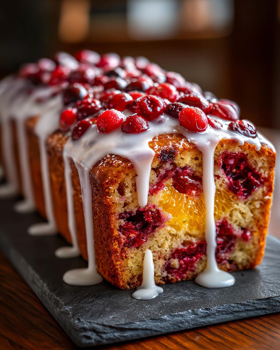 A close-up of a cranberry orange bread loaf, drizzled with white icing and topped with fresh cranberries.