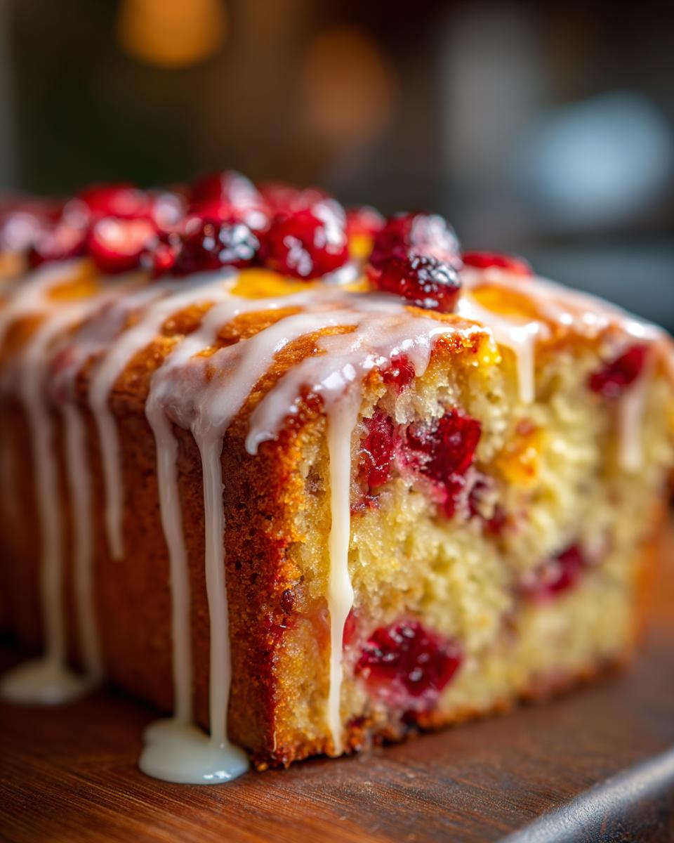 Close-up of a moist cranberry orange bread loaf, drizzled with white icing and topped with fresh cranberries.