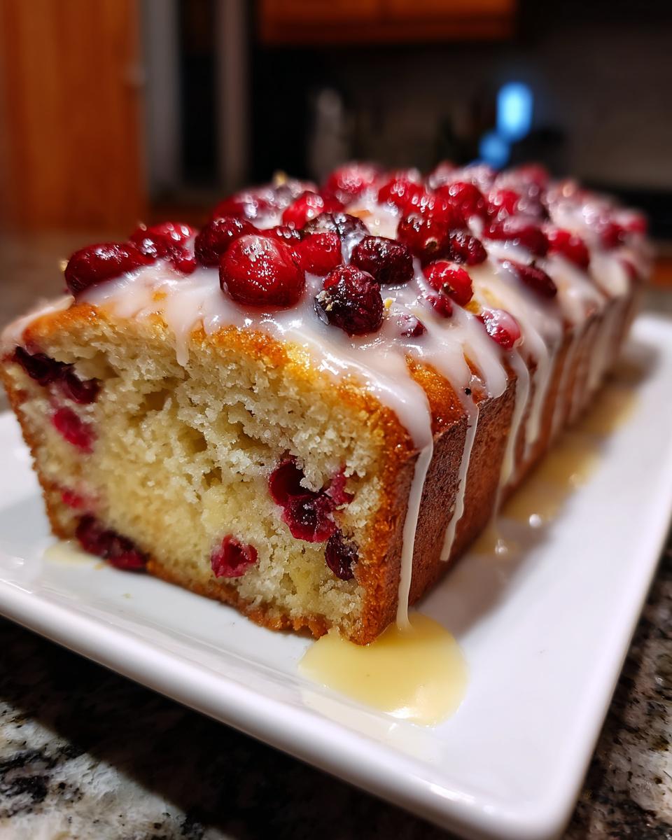 A close-up of a moist cranberry orange bread loaf topped with white glaze and fresh cranberries.