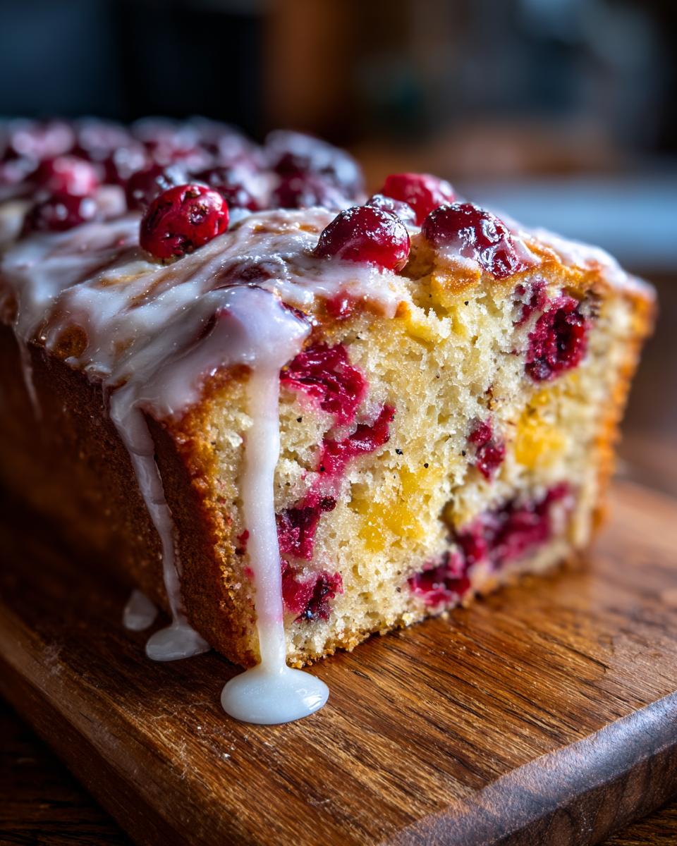 A close-up of a moist cranberry orange bread loaf, topped with a glaze and fresh cranberries.