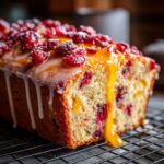 A close-up of a moist cranberry orange bread loaf topped with icing, candied cranberries, and orange glaze.