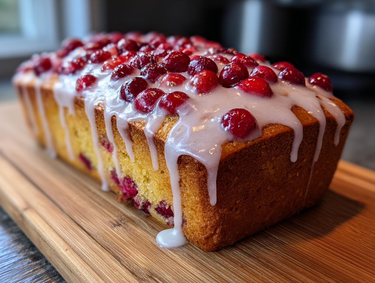 A beautiful loaf of cranberry orange bread topped with white glaze and whole cranberries.