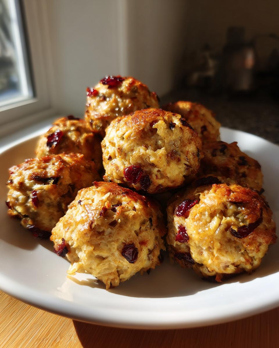 A pile of golden-brown cranberry turkey stuffing balls on a white plate, with visible dried cranberries.