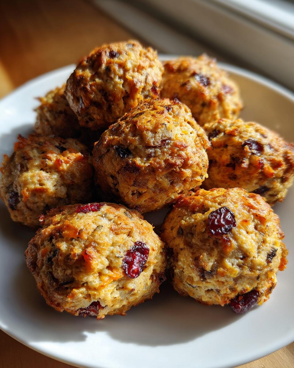A close-up of golden-brown cranberry turkey stuffing balls piled on a white plate, showcasing visible cranberries and herbs.