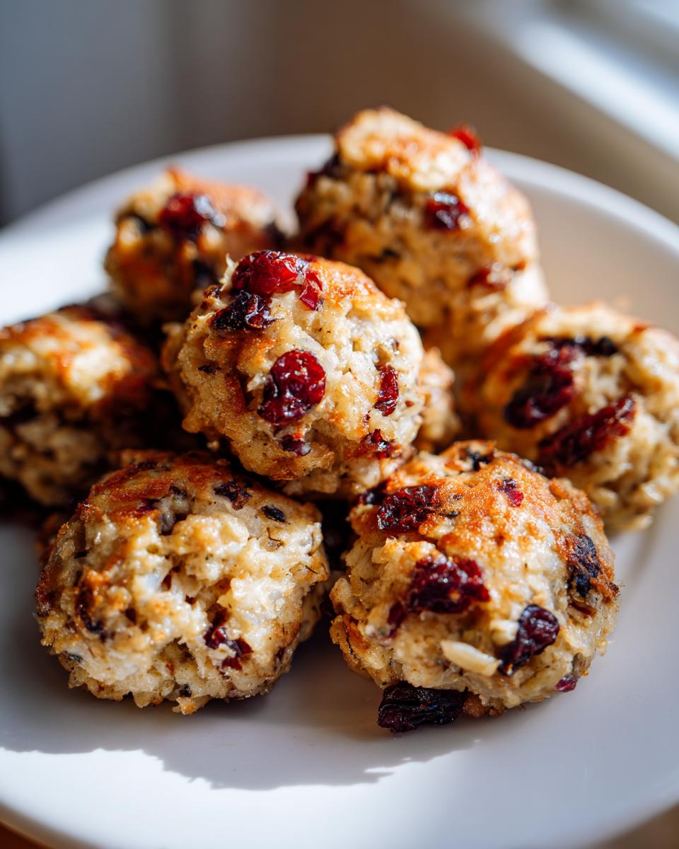 A close-up shot of golden-brown cranberry turkey stuffing balls piled on a white plate.