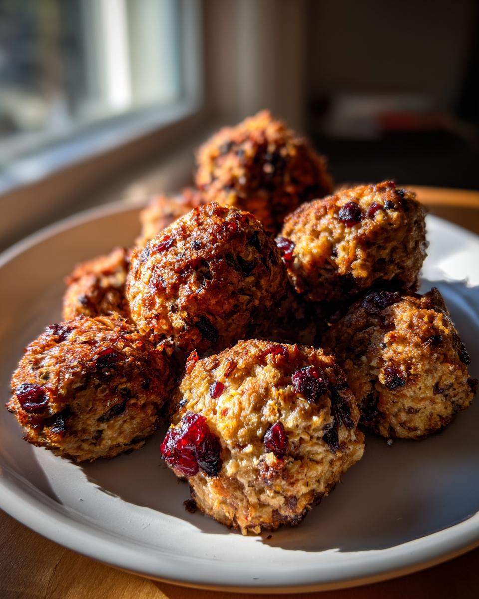 A pile of golden-brown cranberry turkey stuffing balls on a white plate, with visible dried cranberries.