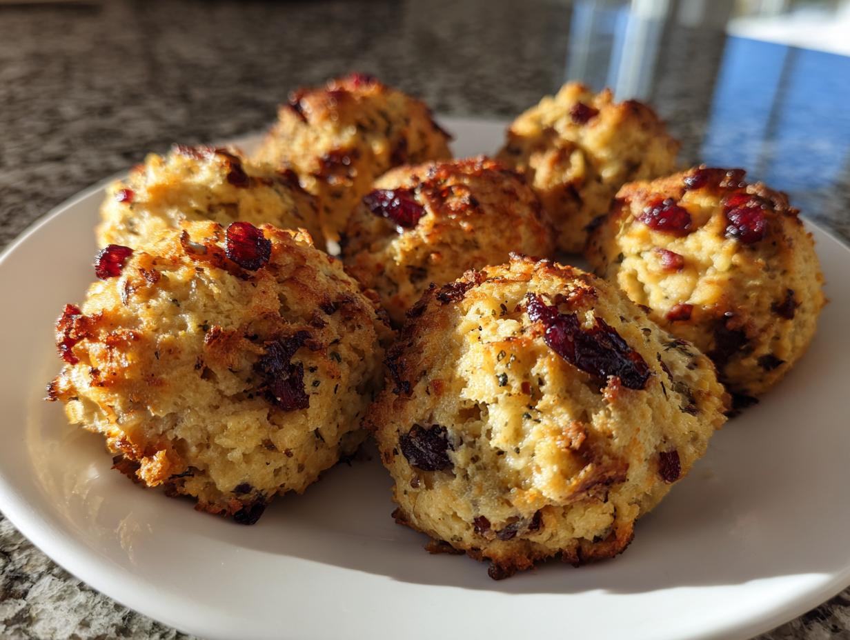 Close-up of golden-brown cranberry turkey stuffing balls on a white plate, showcasing dried cranberries and herbs.