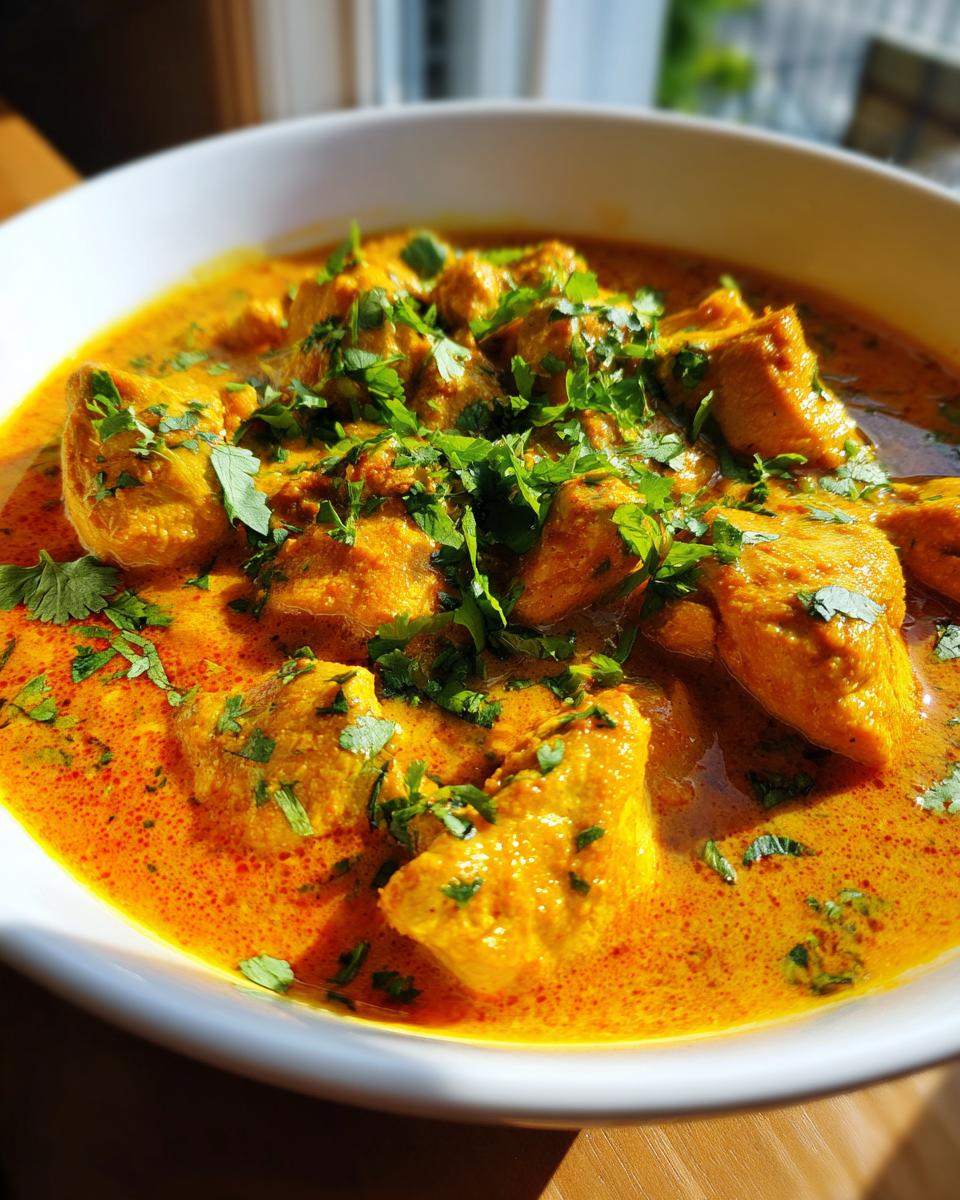 A close-up of a white bowl filled with creamy coconut chicken curry, garnished with fresh cilantro.