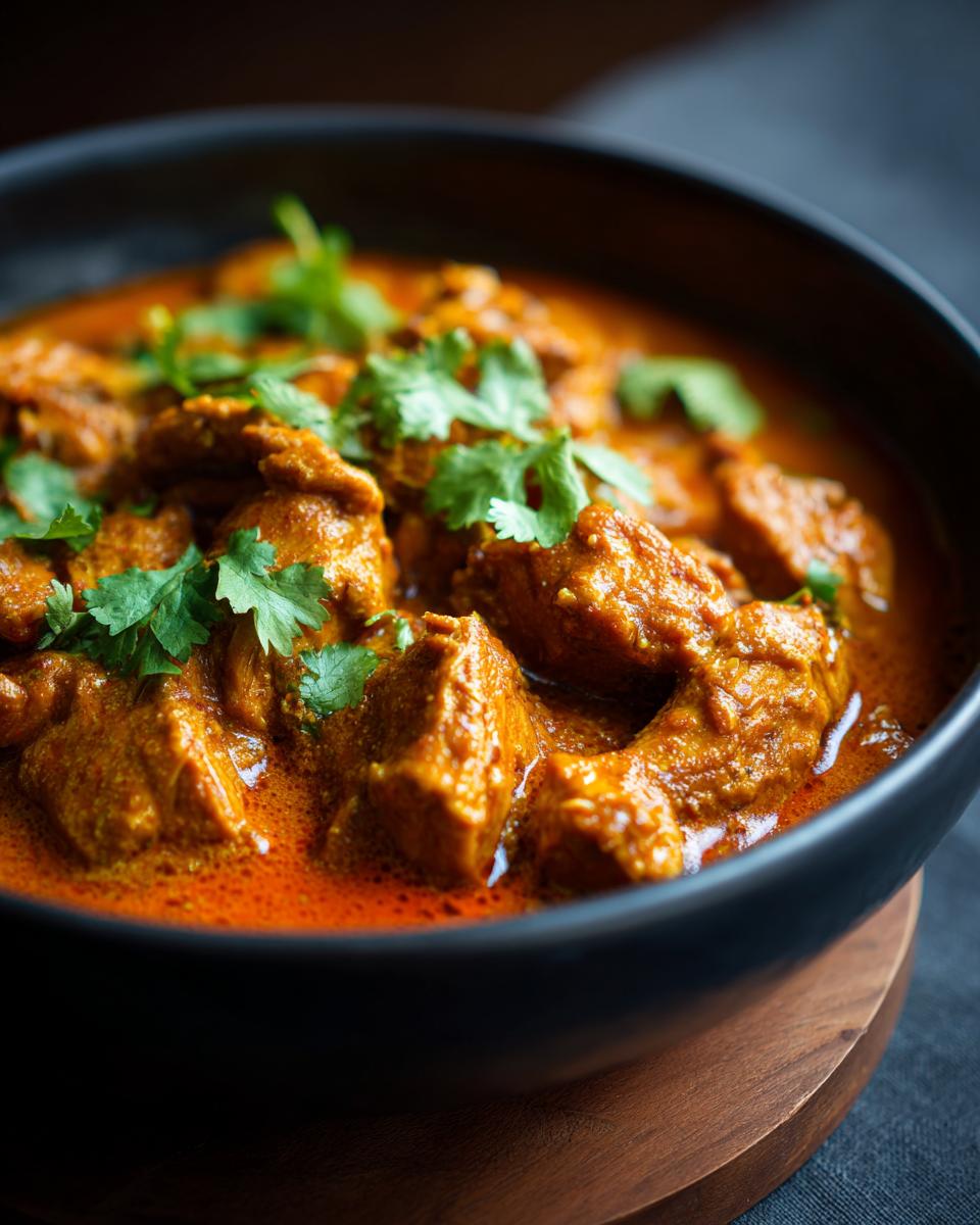 A close-up shot of a rich, creamy coconut chicken curry in a black bowl, garnished with fresh cilantro.
