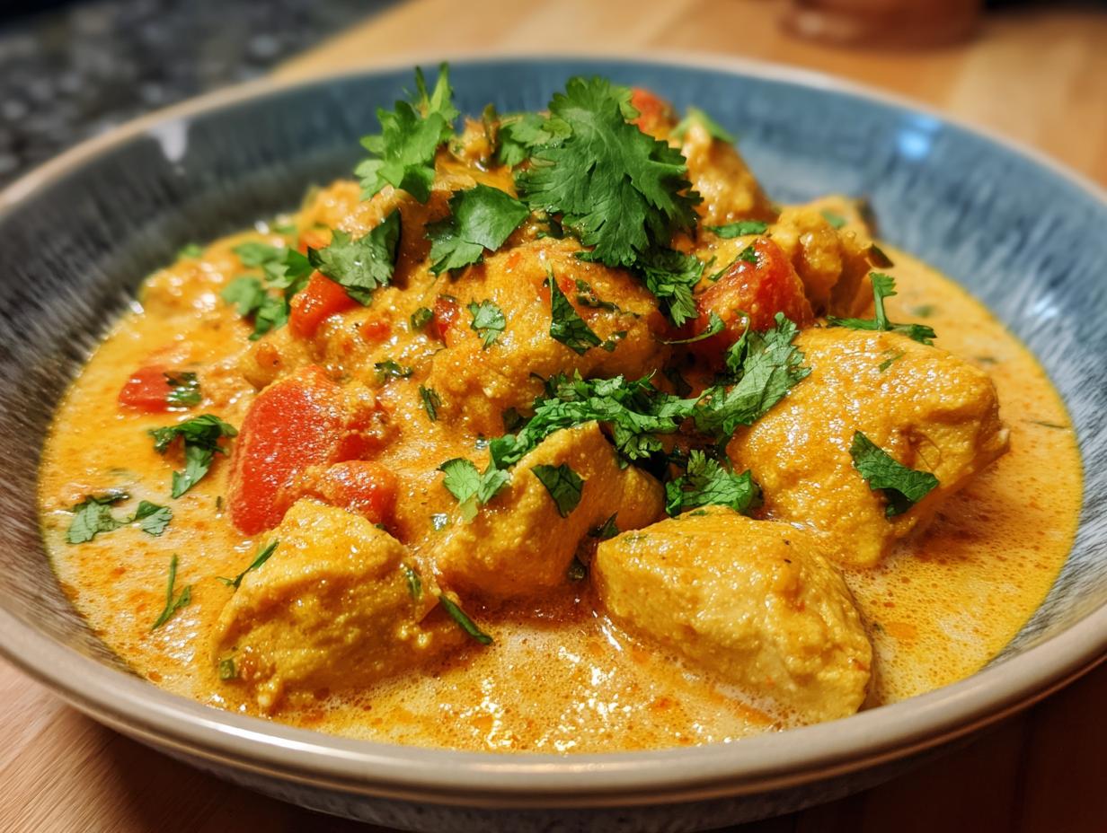 A close-up of a bowl filled with creamy coconut chicken curry, garnished with fresh cilantro.