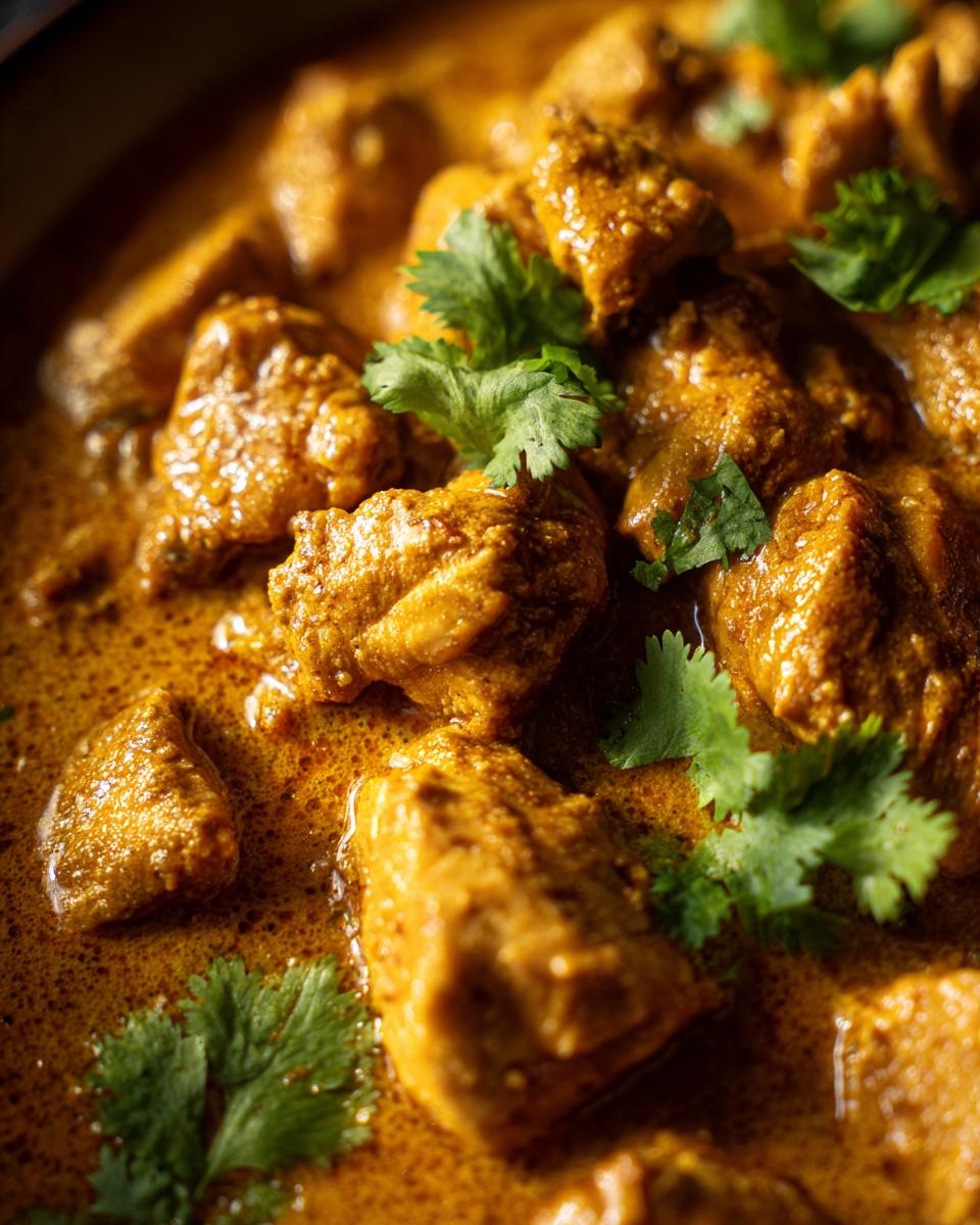 Close-up of tender chicken pieces in a rich, creamy coconut chicken curry sauce, garnished with fresh cilantro.