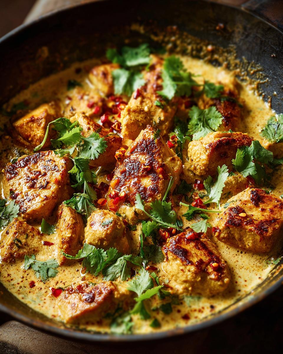 Close-up of a pan filled with creamy coconut chicken curry, garnished with fresh cilantro and chili flakes.