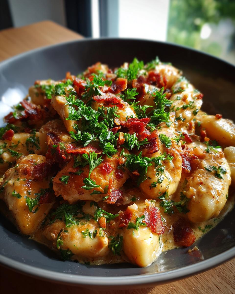A close-up of a bowl filled with creamy crack chicken gnocchi, topped with crispy bacon bits and fresh parsley.