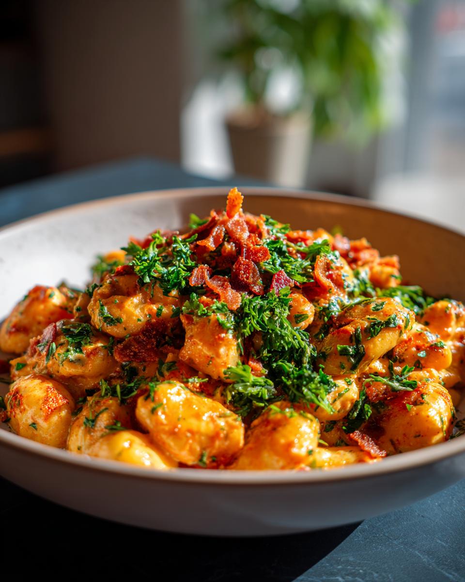 Close-up of a bowl of creamy crack chicken gnocchi topped with crispy bacon bits and fresh parsley.