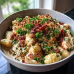 A close-up of a bowl filled with creamy crack chicken gnocchi, topped with crispy bacon bits and fresh parsley.