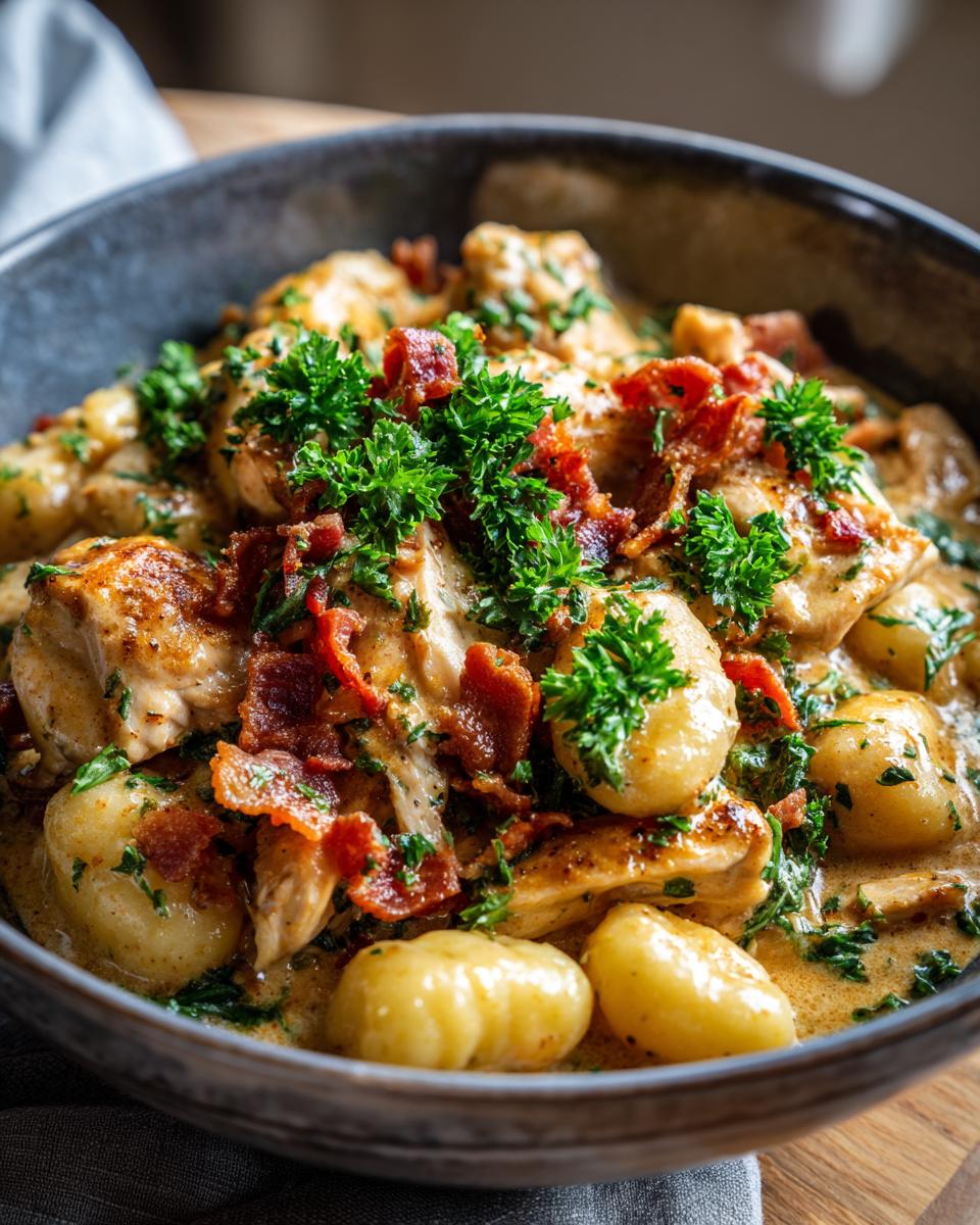 Close-up of a bowl of Creamy Crack Chicken Gnocchi topped with crispy bacon and fresh parsley.