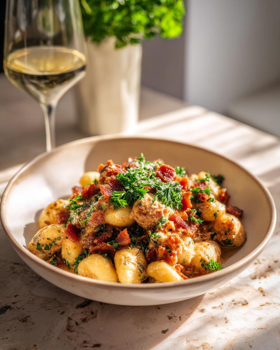 A bowl of creamy crack chicken gnocchi topped with crumbled bacon and fresh parsley.
