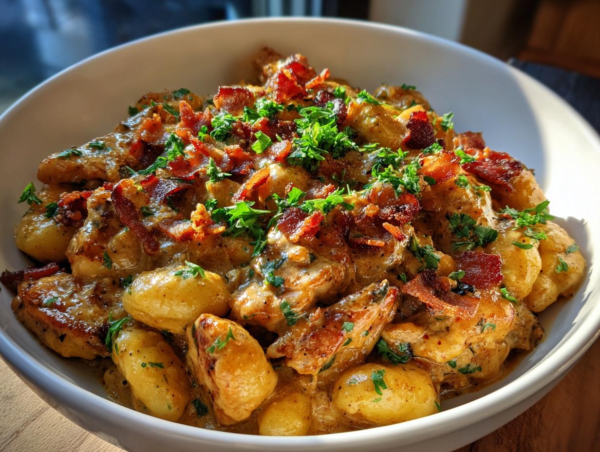 A close-up of a white bowl filled with creamy crack chicken gnocchi, topped with crispy bacon bits and fresh parsley.